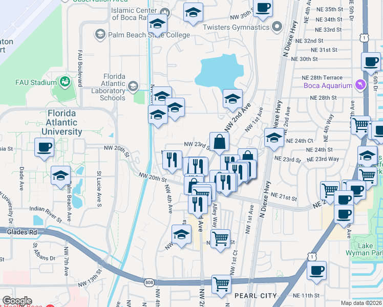 map of restaurants, bars, coffee shops, grocery stores, and more near 2260 Northwest 3rd Court in Boca Raton