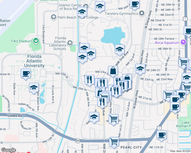 map of restaurants, bars, coffee shops, grocery stores, and more near 2260 Northwest 3rd Court in Boca Raton