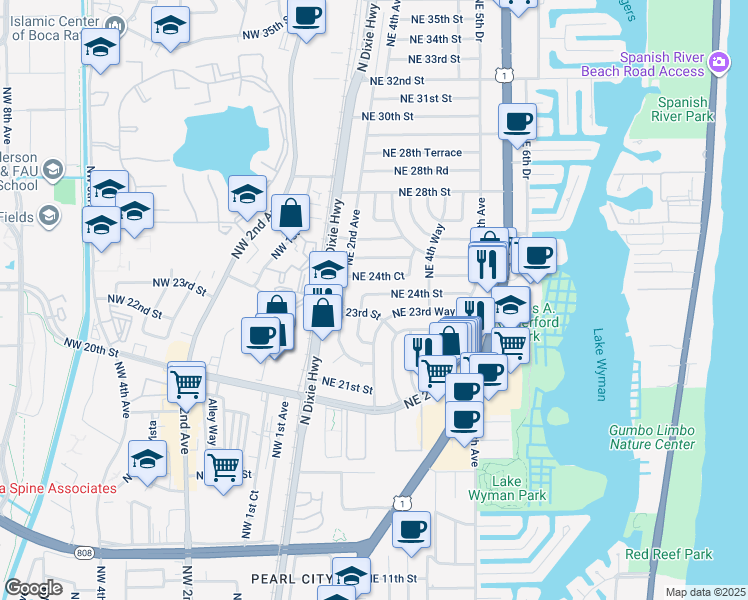 map of restaurants, bars, coffee shops, grocery stores, and more near 310 Northeast 24th Street in Boca Raton