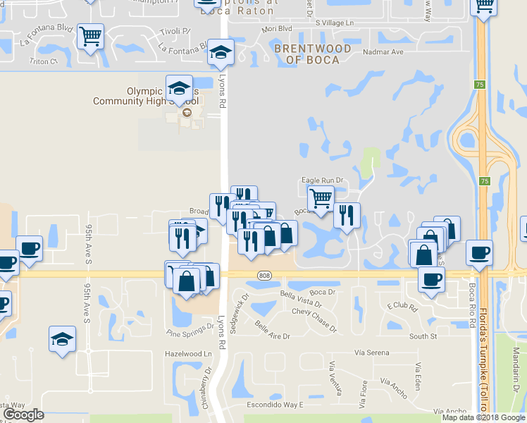 map of restaurants, bars, coffee shops, grocery stores, and more near 8943 Sonoma Lake Boulevard in Boca Raton
