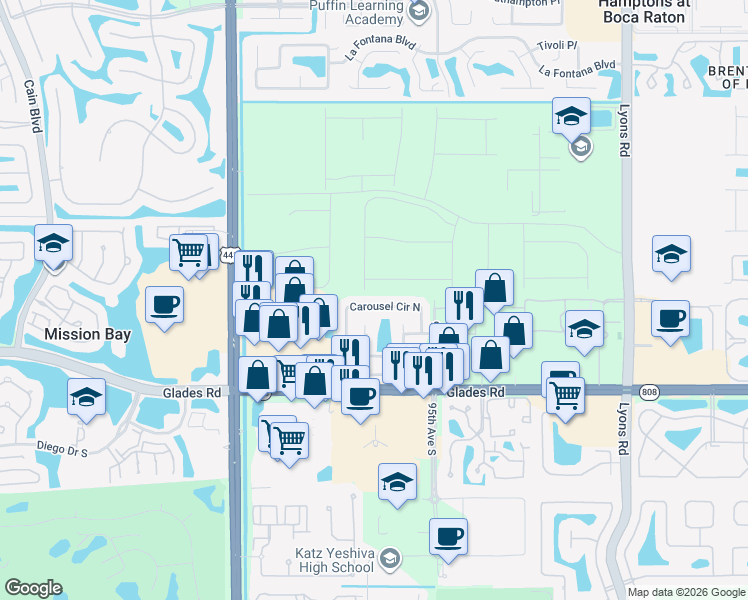 map of restaurants, bars, coffee shops, grocery stores, and more near 9669 Carousel Circle East in Boca Raton