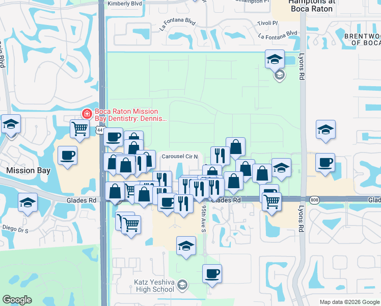 map of restaurants, bars, coffee shops, grocery stores, and more near 9597 Carousel Circle East in Boca Raton