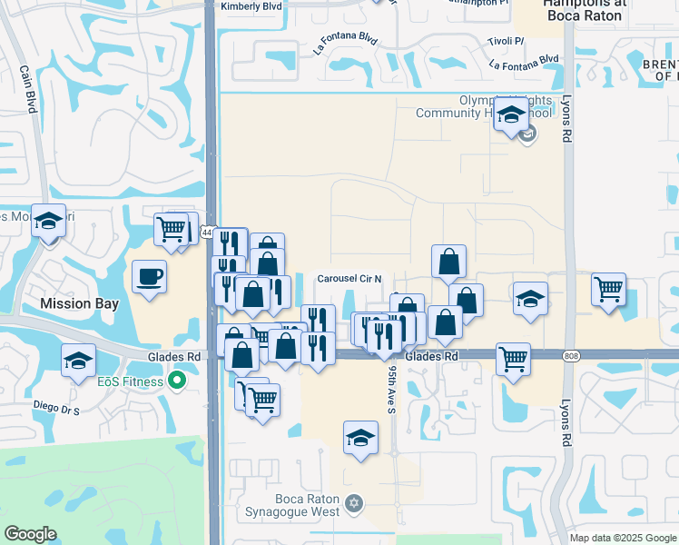map of restaurants, bars, coffee shops, grocery stores, and more near 9669 Carousel Circle East in Boca Raton