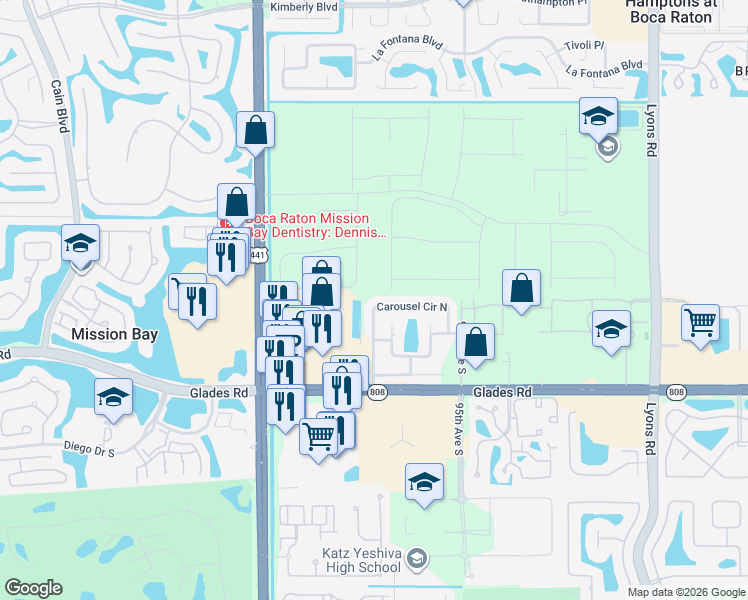 map of restaurants, bars, coffee shops, grocery stores, and more near 9721 Carousel Circle East in Boca Raton