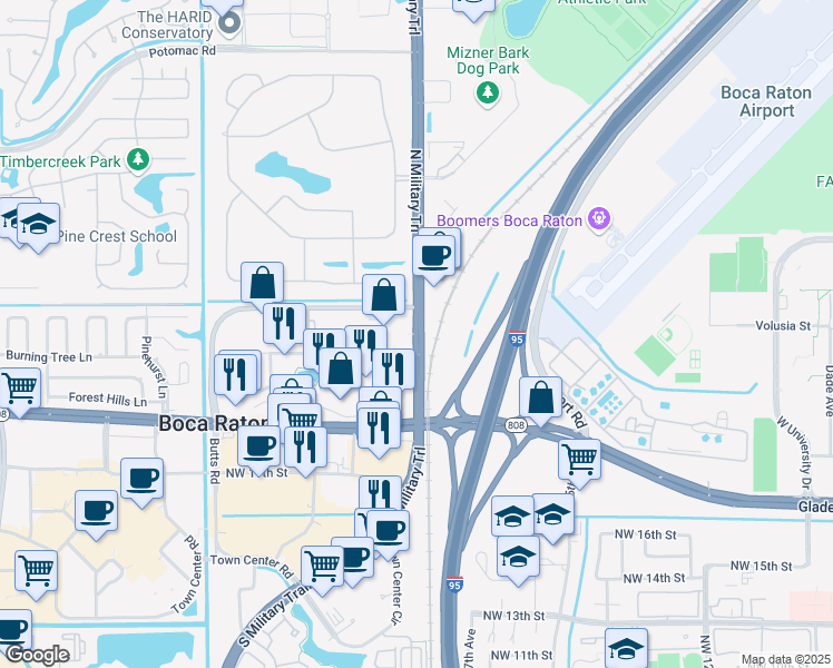 map of restaurants, bars, coffee shops, grocery stores, and more near 2501 North Military Trail in Boca Raton