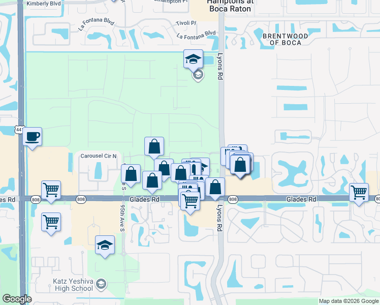 map of restaurants, bars, coffee shops, grocery stores, and more near Broad Street in Boca Raton