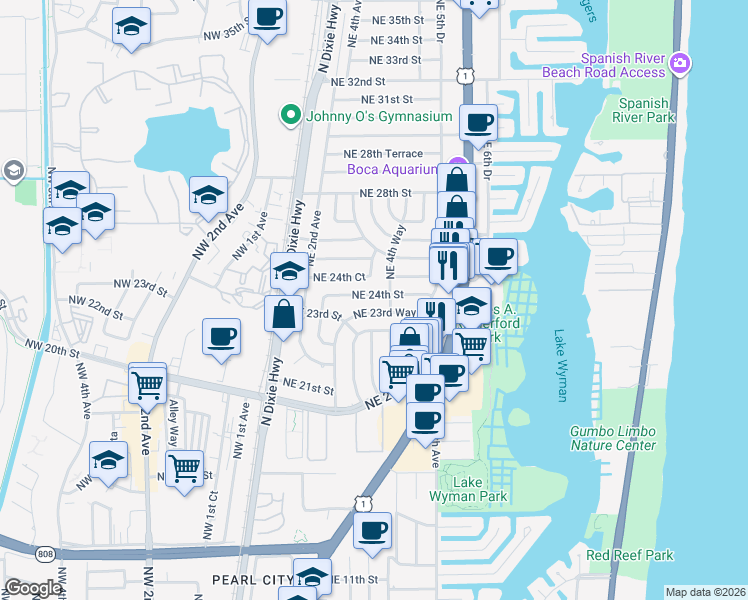 map of restaurants, bars, coffee shops, grocery stores, and more near 380 Northeast 24th Street in Boca Raton
