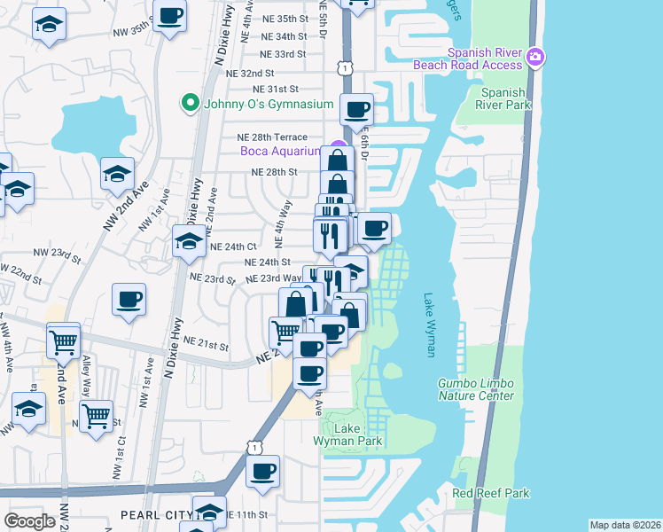 map of restaurants, bars, coffee shops, grocery stores, and more near 2400 Northeast 5th Avenue in Boca Raton