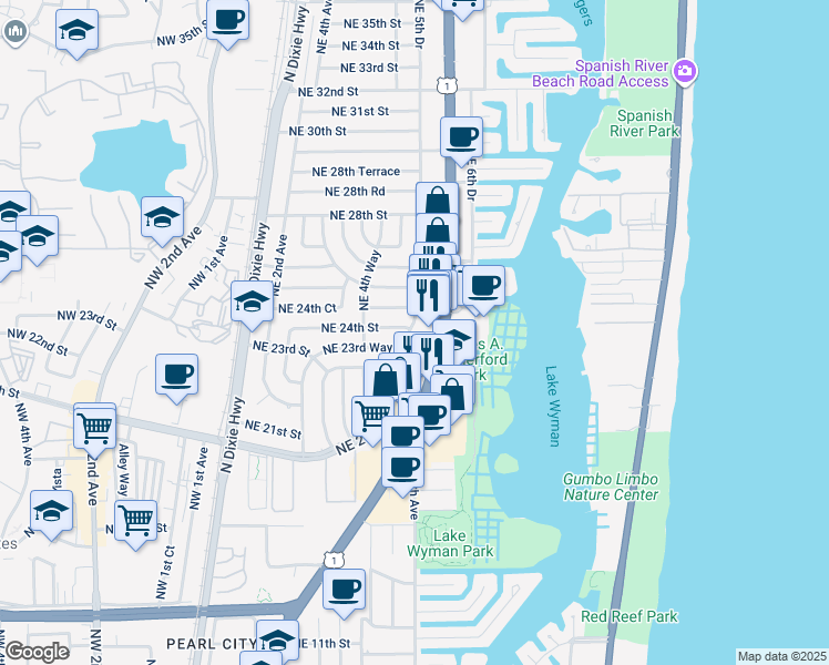 map of restaurants, bars, coffee shops, grocery stores, and more near 2400 Northeast 5th Avenue in Boca Raton
