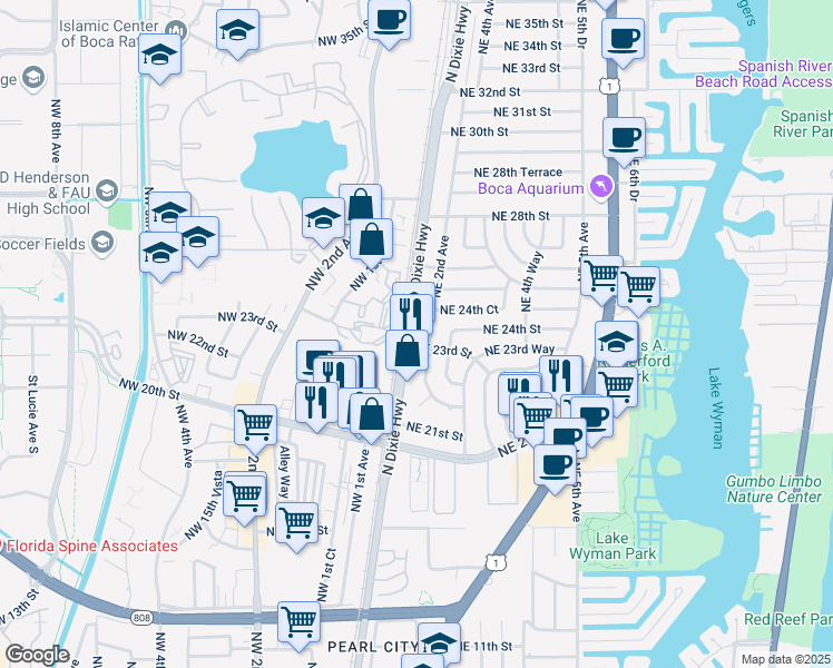 map of restaurants, bars, coffee shops, grocery stores, and more near 2403 Northeast 2nd Avenue in Boca Raton