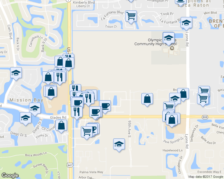 map of restaurants, bars, coffee shops, grocery stores, and more near 9669 Carousel Circle East in Boca Raton