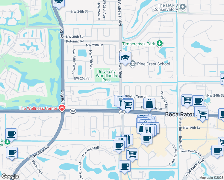 map of restaurants, bars, coffee shops, grocery stores, and more near 2357 Northwest 25th Way in Boca Raton