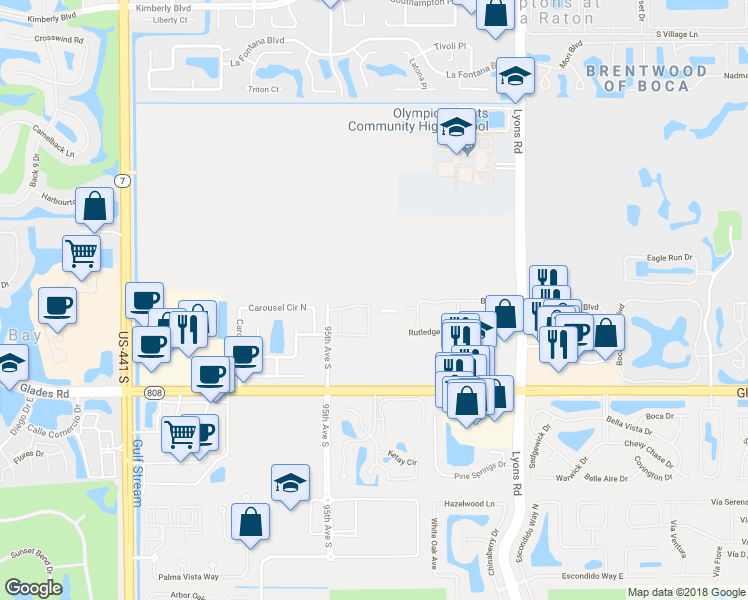 map of restaurants, bars, coffee shops, grocery stores, and more near 9454 Boca River Circle in Boca Raton