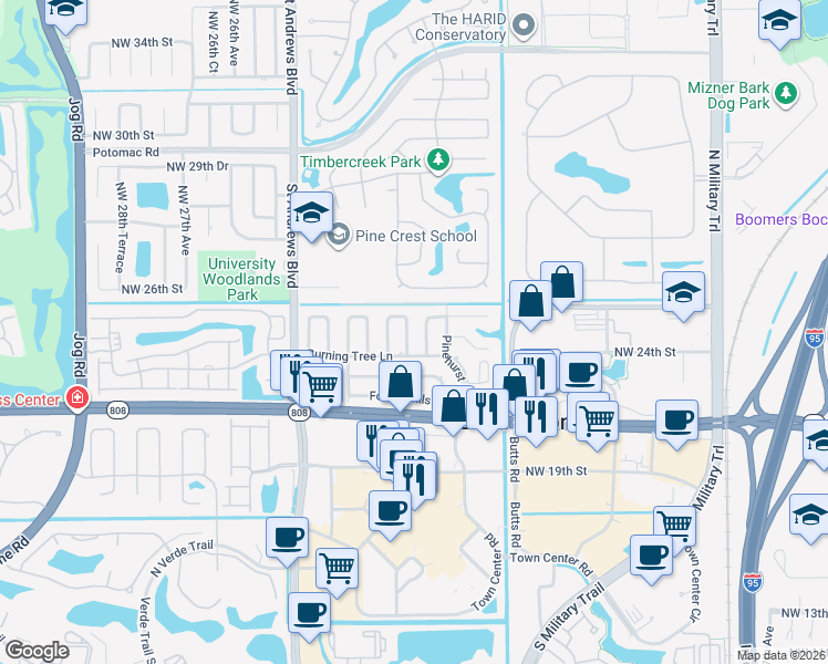 map of restaurants, bars, coffee shops, grocery stores, and more near 127 Orchard Ridge Lane in Boca Raton