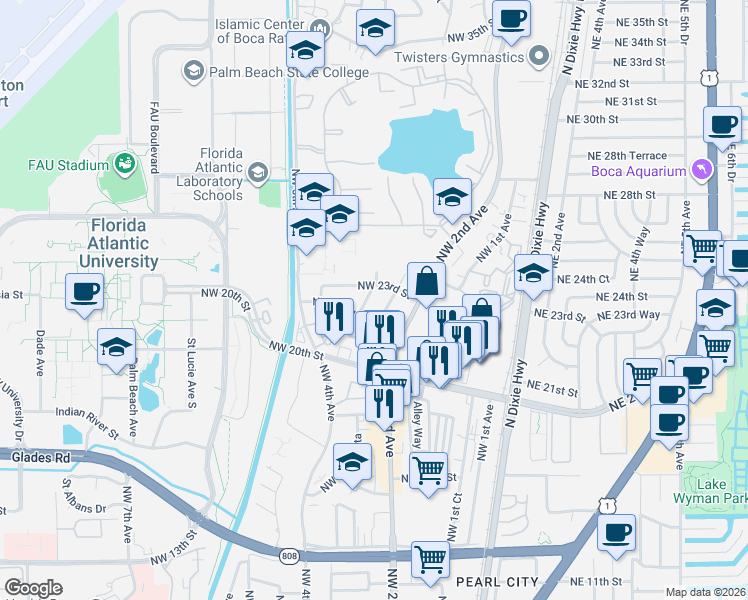 map of restaurants, bars, coffee shops, grocery stores, and more near 2260 NW 3rd Ct in Boca Raton