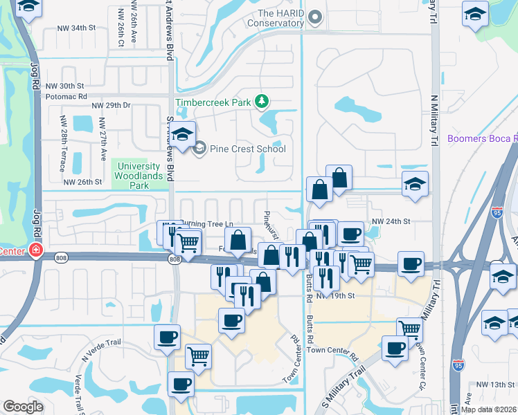map of restaurants, bars, coffee shops, grocery stores, and more near 108 Pinehurst Lane in Boca Raton
