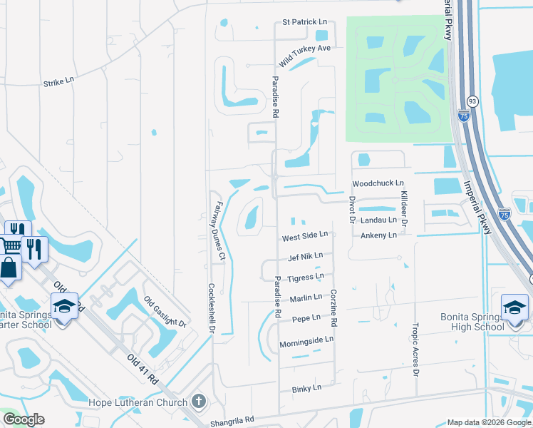 map of restaurants, bars, coffee shops, grocery stores, and more near 25158 Golf Lake Circle in Bonita Springs