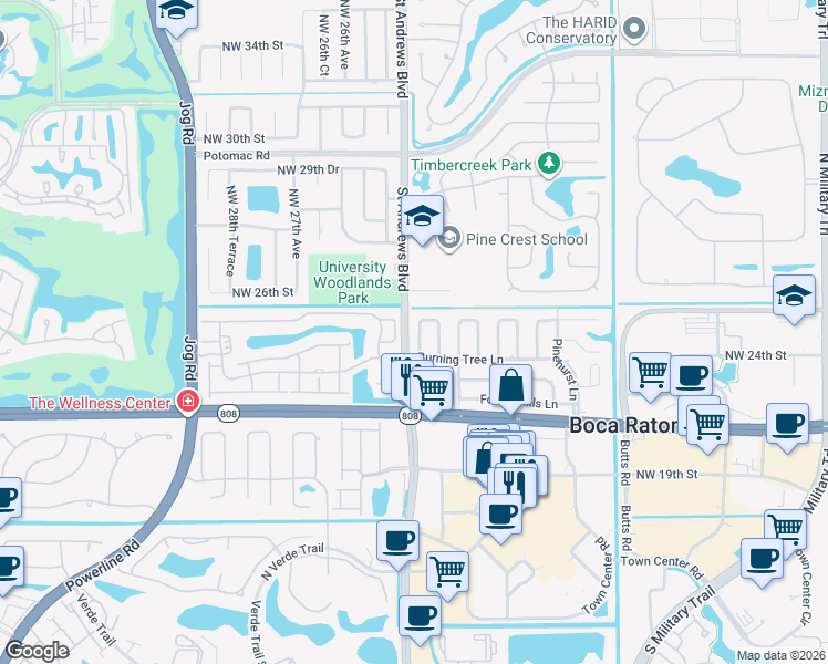 map of restaurants, bars, coffee shops, grocery stores, and more near 107 Winged Foot Lane in Boca Raton