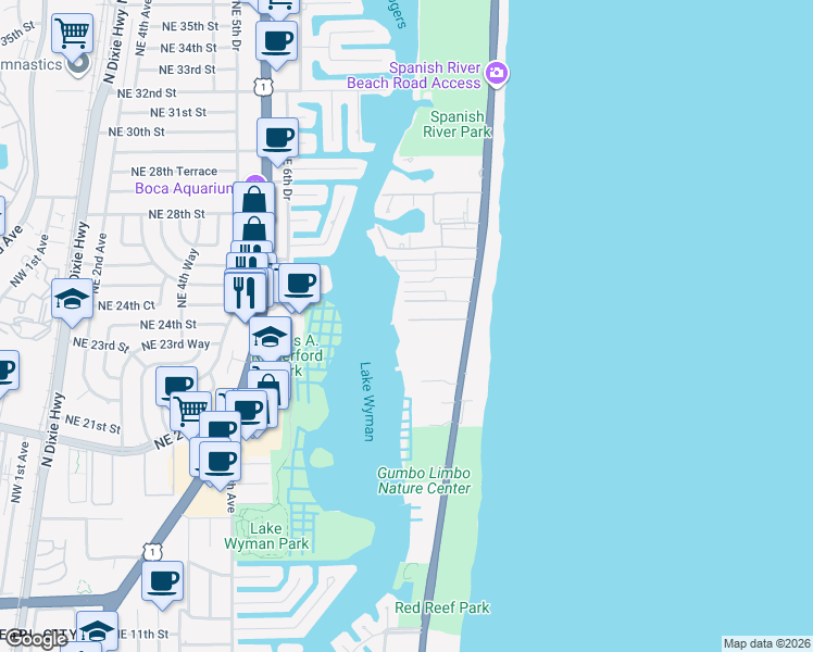 map of restaurants, bars, coffee shops, grocery stores, and more near 910 Northeast Ocean Strand Drive in Boca Raton