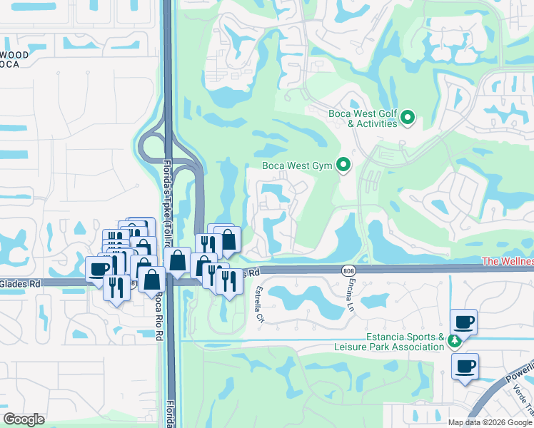 map of restaurants, bars, coffee shops, grocery stores, and more near 2511 Bridgewood Drive in Boca Raton