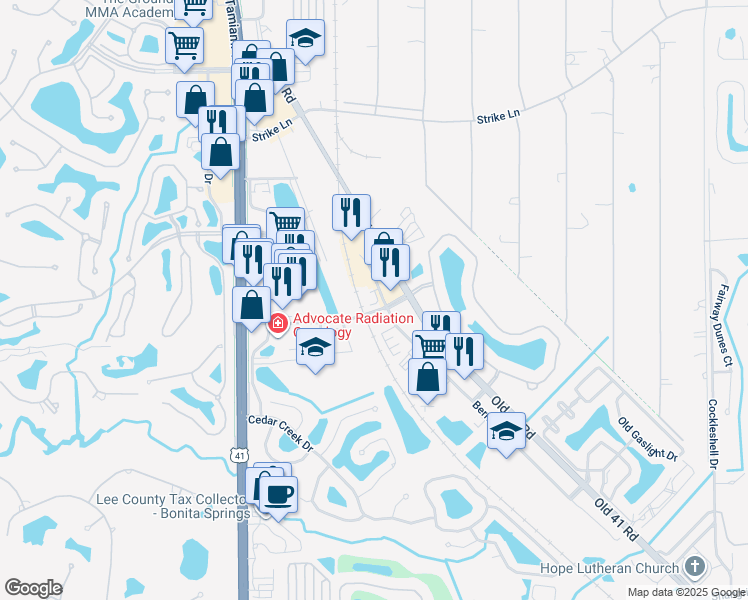 map of restaurants, bars, coffee shops, grocery stores, and more near 25110 Bernwood Drive in Bonita Springs