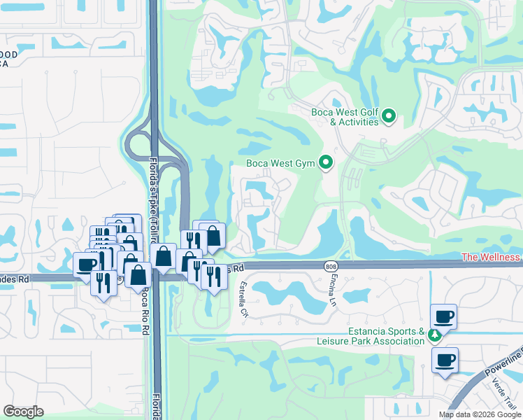 map of restaurants, bars, coffee shops, grocery stores, and more near 2511 Bridgewood Drive in Boca Raton