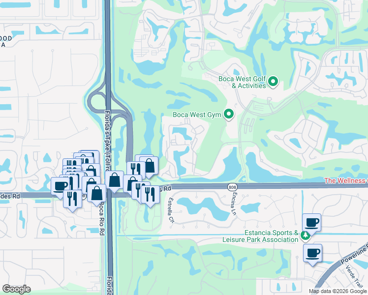 map of restaurants, bars, coffee shops, grocery stores, and more near 2303 Bridgewood Drive in Boca Raton