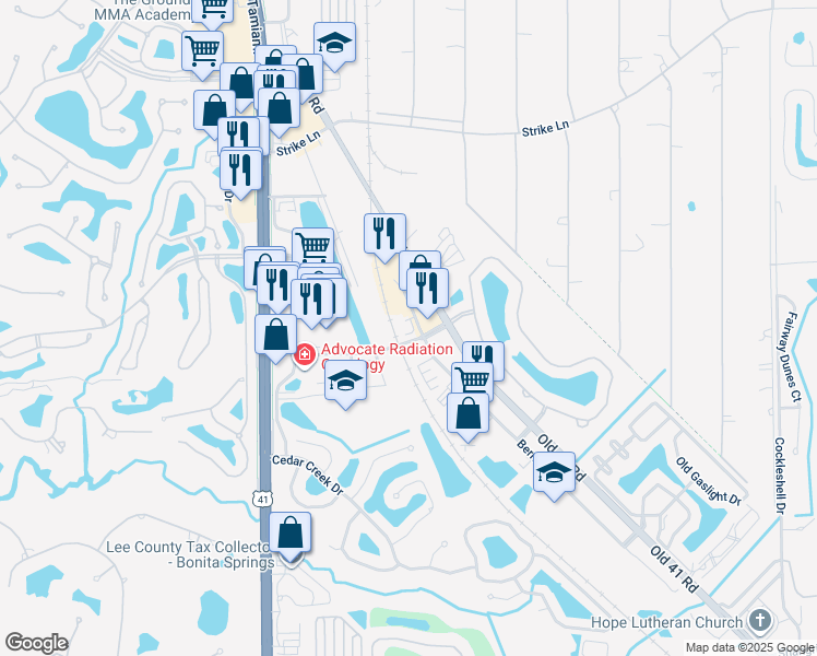 map of restaurants, bars, coffee shops, grocery stores, and more near 25110 Bernwood Drive in Bonita Springs