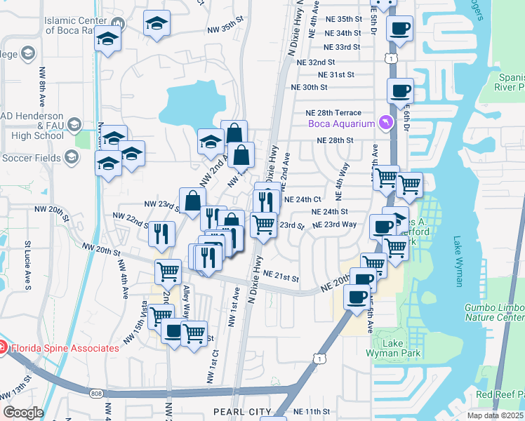 map of restaurants, bars, coffee shops, grocery stores, and more near 2363 North Dixie Highway in Boca Raton