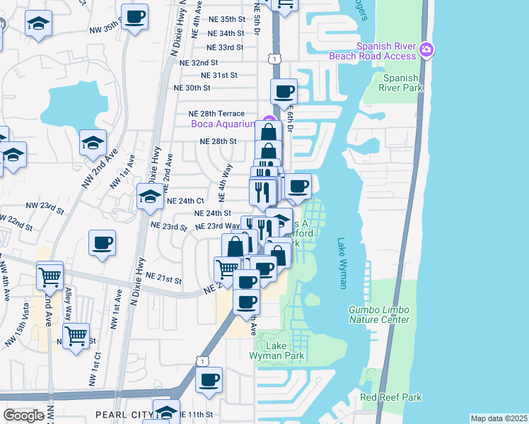 map of restaurants, bars, coffee shops, grocery stores, and more near 2400 Northeast 5th Avenue in Boca Raton