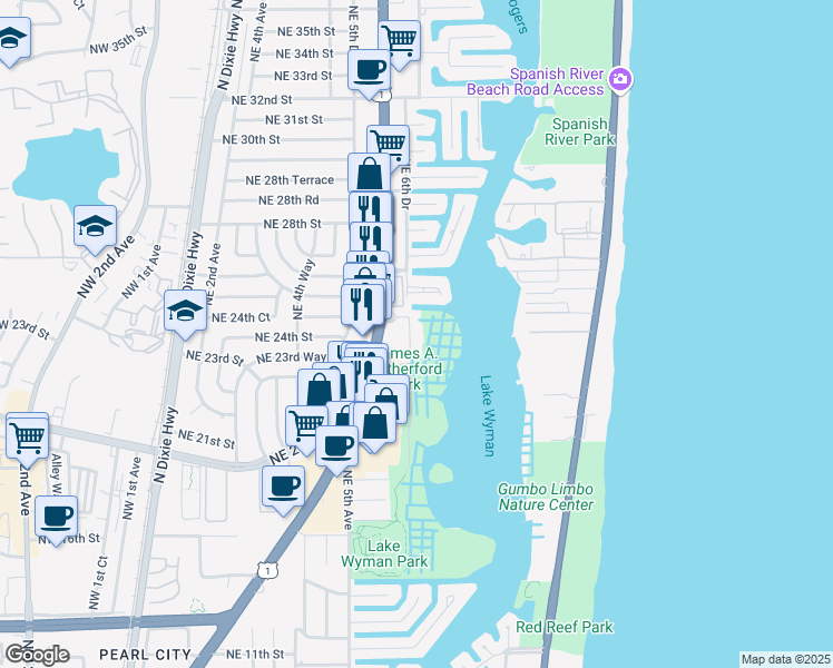 map of restaurants, bars, coffee shops, grocery stores, and more near 2424 N Federal Hwy in Boca Raton