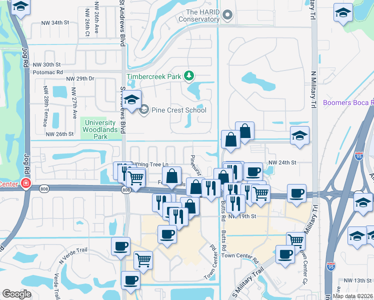 map of restaurants, bars, coffee shops, grocery stores, and more near 108 Pinehurst Lane in Boca Raton