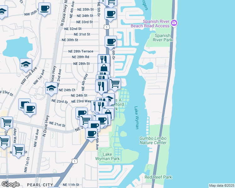 map of restaurants, bars, coffee shops, grocery stores, and more near 2424 North Federal Highway in Boca Raton