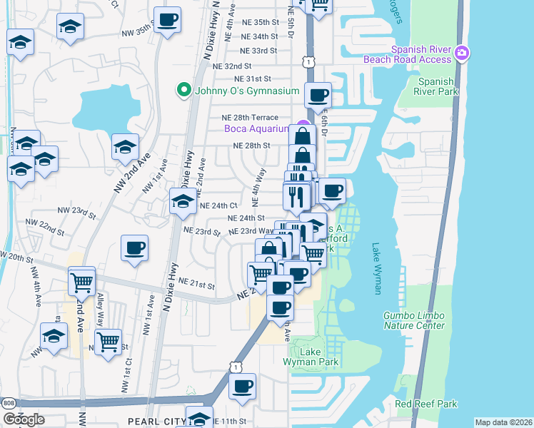 map of restaurants, bars, coffee shops, grocery stores, and more near 440 Northeast 24th Street in Boca Raton