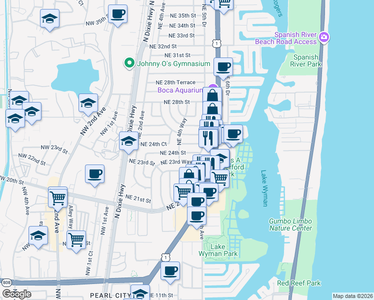 map of restaurants, bars, coffee shops, grocery stores, and more near 440 Northeast 24th Street in Boca Raton