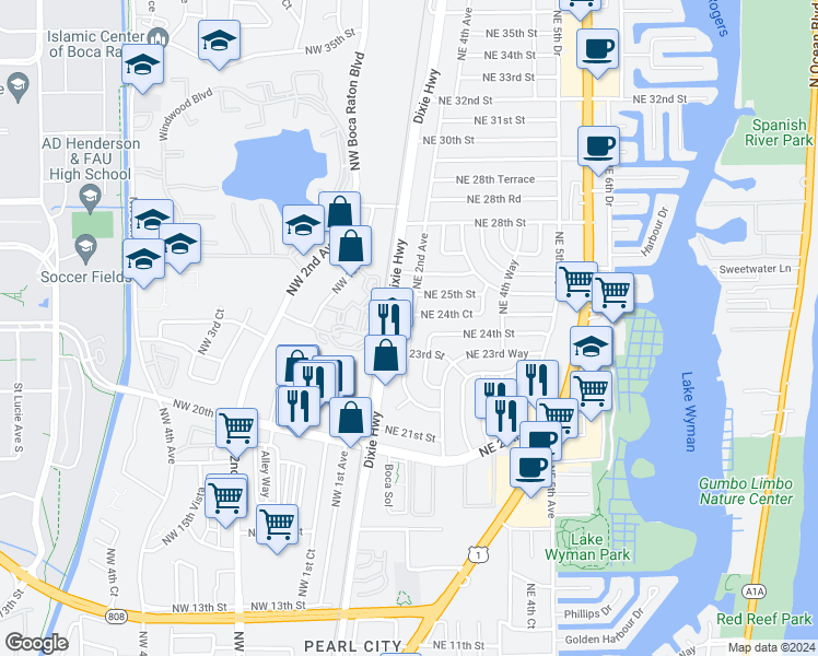 map of restaurants, bars, coffee shops, grocery stores, and more near 2419 Northeast 2nd Avenue in Boca Raton