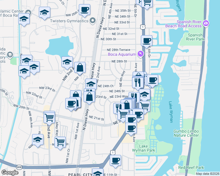 map of restaurants, bars, coffee shops, grocery stores, and more near 310 Northeast 24th Street in Boca Raton