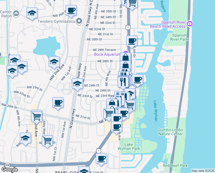 map of restaurants, bars, coffee shops, grocery stores, and more near 440 Northeast 24th Street in Boca Raton