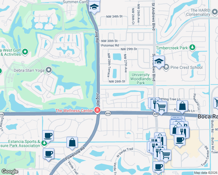 map of restaurants, bars, coffee shops, grocery stores, and more near 6326 Northwest 24th Street in Boca Raton
