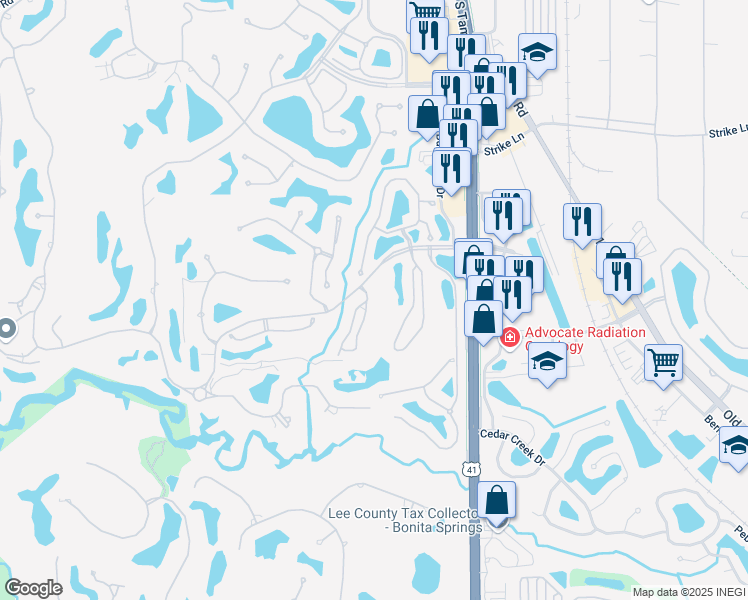 map of restaurants, bars, coffee shops, grocery stores, and more near 25282 Galashields Circle in Bonita Springs