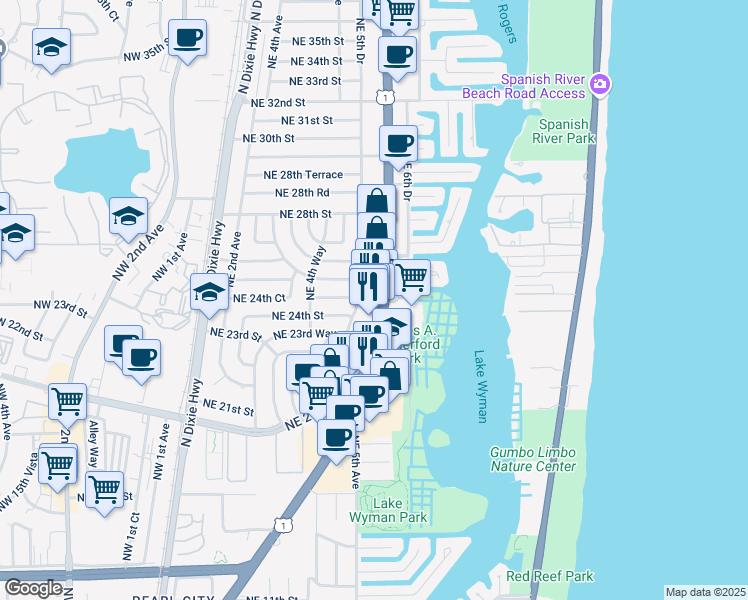 map of restaurants, bars, coffee shops, grocery stores, and more near 2400 Northeast 5th Avenue in Boca Raton