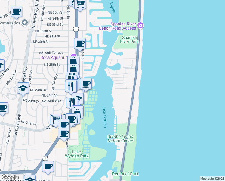 map of restaurants, bars, coffee shops, grocery stores, and more near 910 Northeast Ocean Strand Drive in Boca Raton
