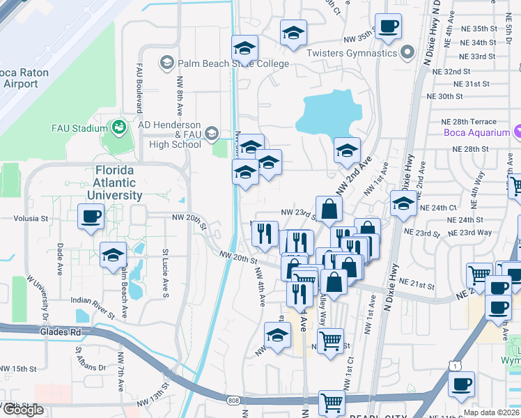 map of restaurants, bars, coffee shops, grocery stores, and more near 369 Northwest 22nd Street in Boca Raton