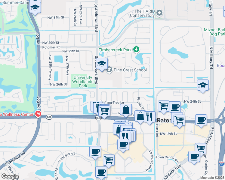 map of restaurants, bars, coffee shops, grocery stores, and more near 125 Winged Foot Lane in Boca Raton