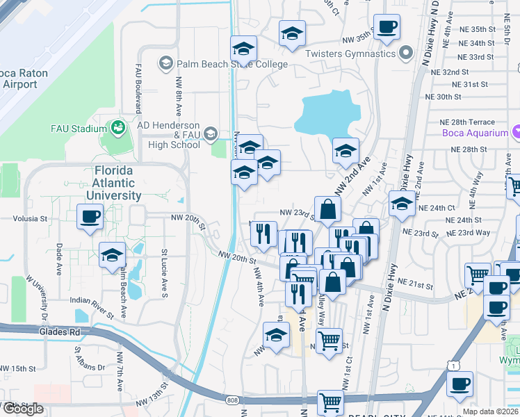 map of restaurants, bars, coffee shops, grocery stores, and more near 369 Northwest 22nd Street in Boca Raton