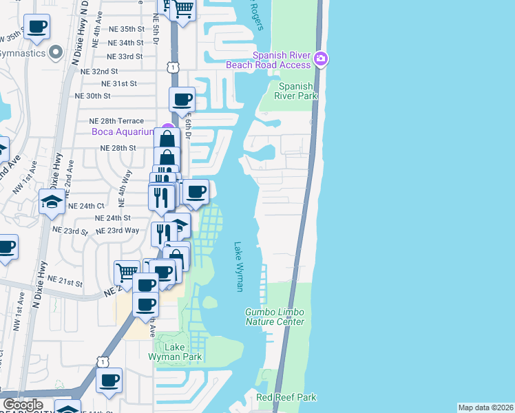 map of restaurants, bars, coffee shops, grocery stores, and more near 910 Northeast Ocean Strand Drive in Boca Raton