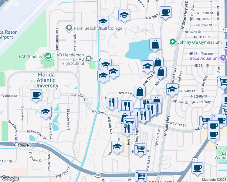 map of restaurants, bars, coffee shops, grocery stores, and more near 2470 Northwest 5th Avenue in Boca Raton