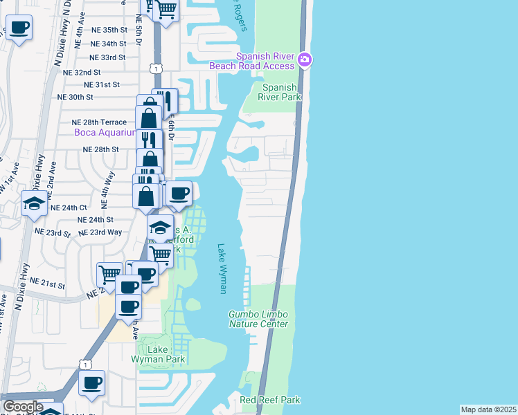 map of restaurants, bars, coffee shops, grocery stores, and more near 943 Northeast 24th Street in Boca Raton