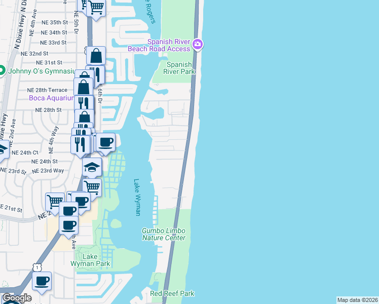 map of restaurants, bars, coffee shops, grocery stores, and more near 2401 North Ocean Boulevard in Boca Raton