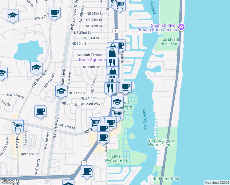map of restaurants, bars, coffee shops, grocery stores, and more near 2500 North Federal Highway in Boca Raton